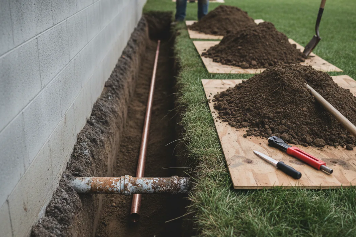 Excavated water line trench during Water Softener Installation in Payneville